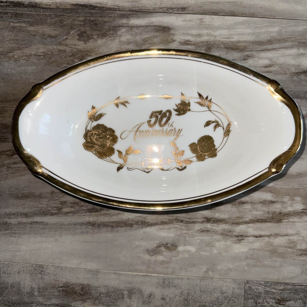 Vintage Norcrest Fine China 50th Golden Anniversary Bowl Dish 8.75X5 Gold Trim